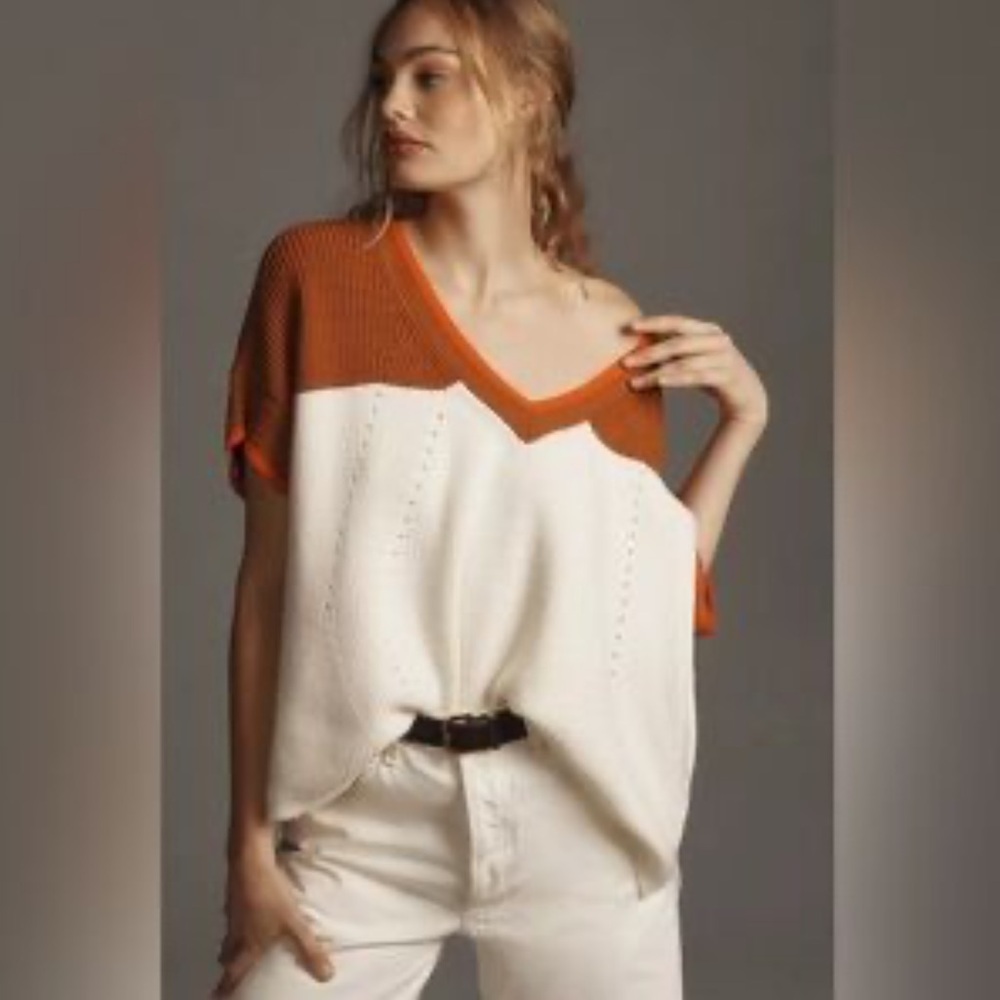 Anthropologie Maeve V-Neck Cotton Blend Sweater Tee Size: Small